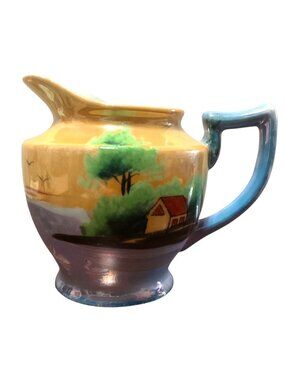 Vtg Japanese Hand Painted Lusterware Creamer with Cottage Scene 4"H x 4.5"W